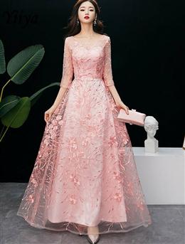 Picture of Pink Lace Lovely A-line Round Neckline Prom Dresses, Pink Bridesmaid Dresses Formal Dresses